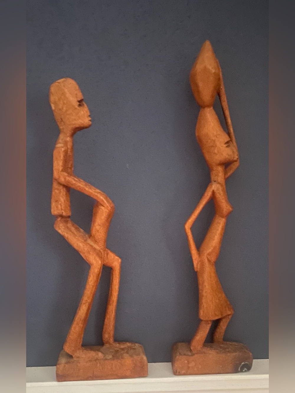 Vintage Hand Carved African Wood Figures Set of 2 Stylized Tribal Man & Woman